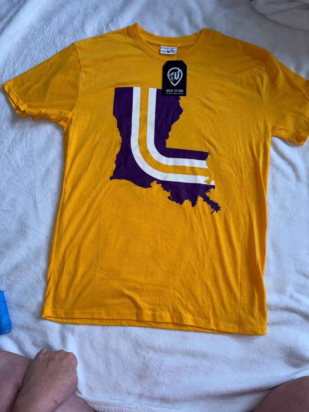 Men's Short Sleeve Graphic Tee in Gold with Purple Print